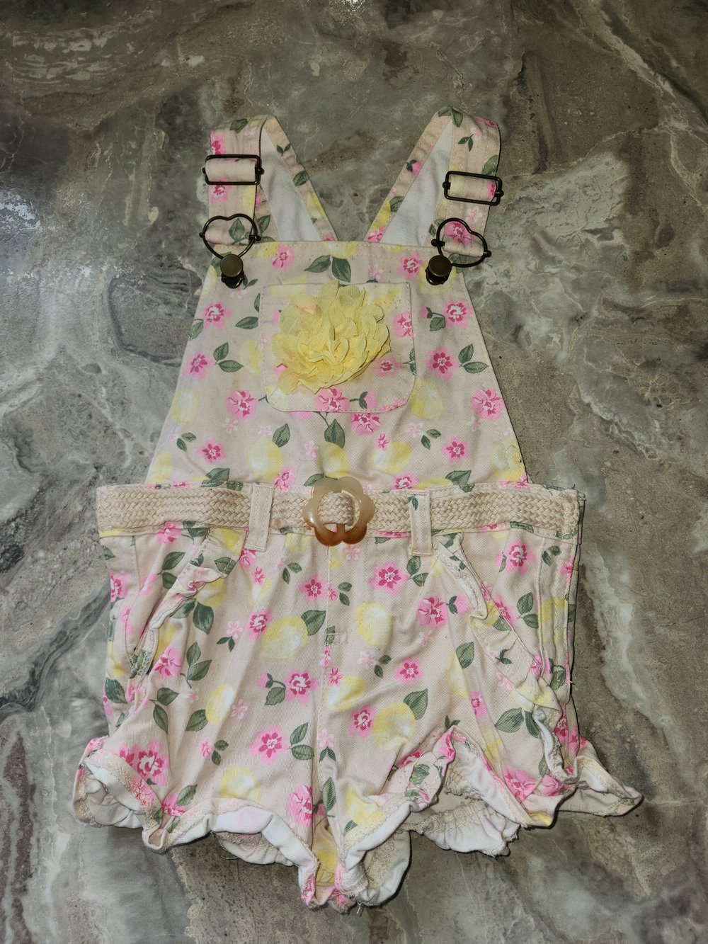 Floral Lemon Print Girls' Pink Short Overalls with Yellow Flower